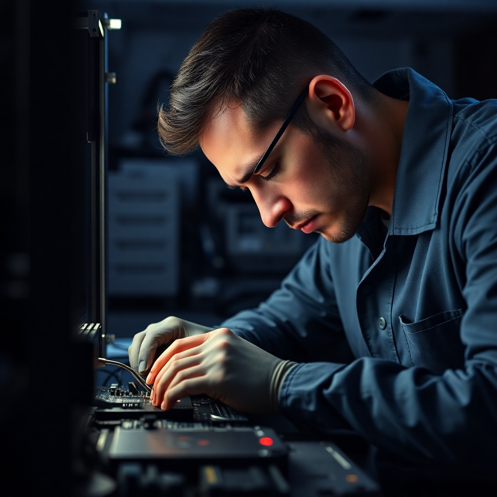 A photorealistic image of a technician carefully working on a computer, highlighting the precision and detail of the repair process. The focus should be on the technical skill and attention to detail. The lighting and composition should convey a sense of precision and professionalism.