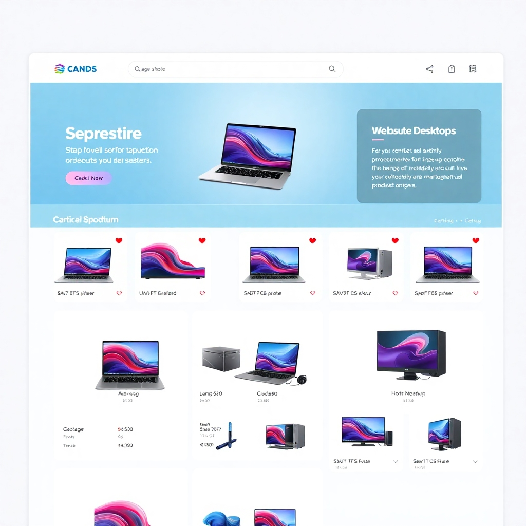 A photorealistic image of a user-friendly online store interface, showcasing various laptops and desktops. Use high-quality product images and clear descriptions to make it appealing.  The aesthetic should be clean and modern, with a focus on ease of navigation and product presentation.
