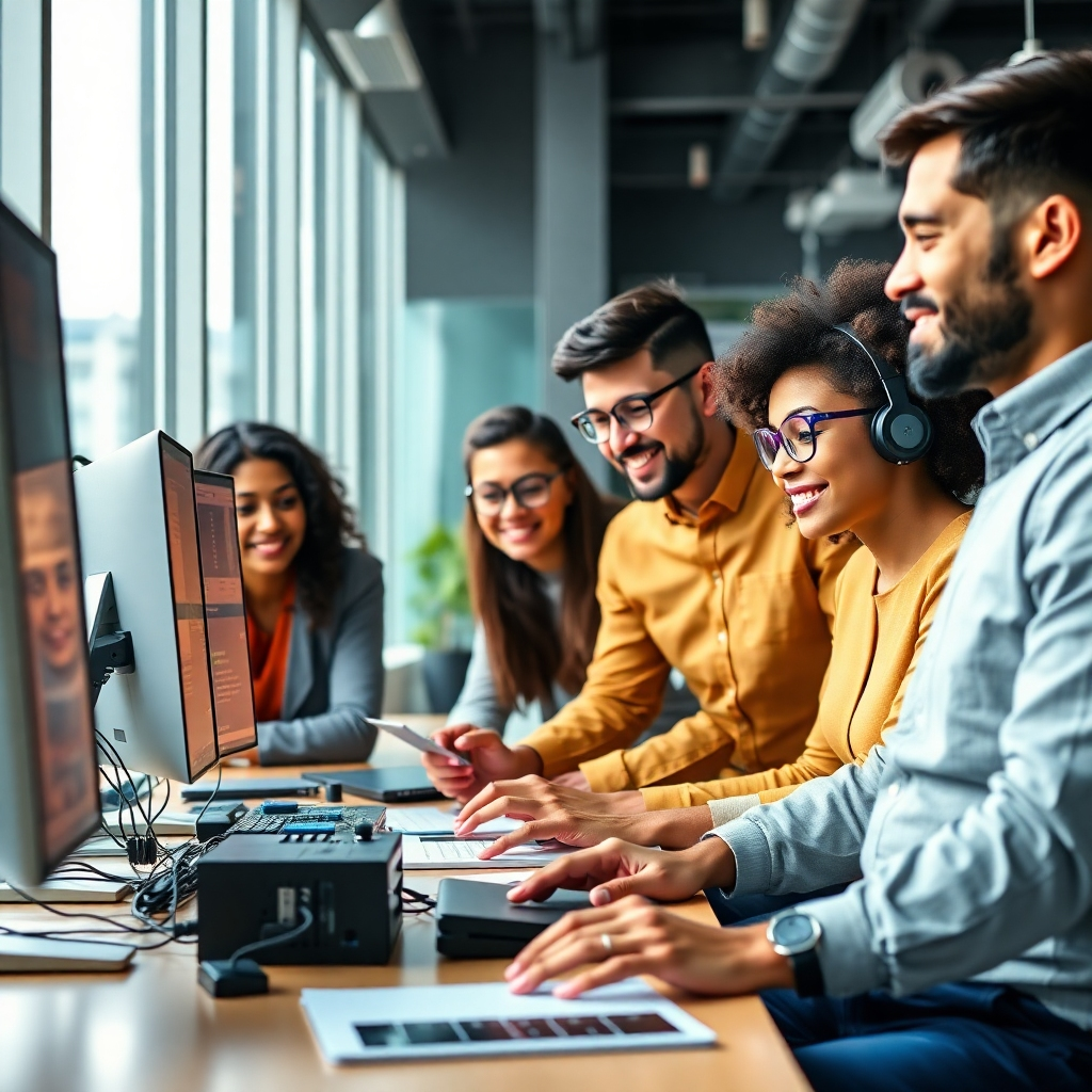 A photorealistic image showcasing a team of diverse computer professionals collaborating in a modern, well-lit office space. The image should emphasize teamwork and professionalism. The focus should be on the team's expertise and collaborative spirit. Include various computer components and software development tools to visually represent their skills and expertise. Use a warm color palette to suggest collaboration and trust.