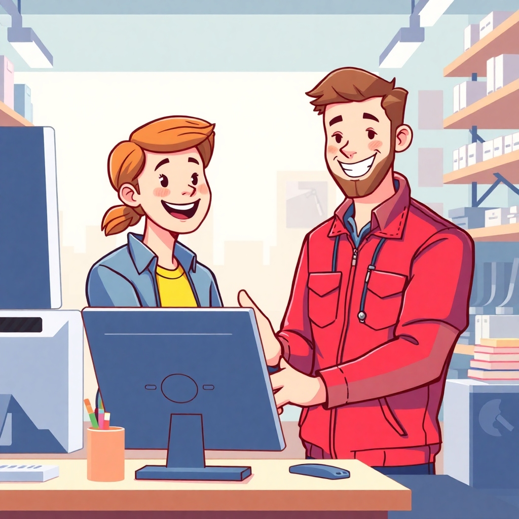 A stylized image depicting a happy customer interacting with a friendly technician in a computer repair shop. Show a positive and reassuring interaction. Use bright, optimistic colors and soft lighting to convey a sense of trust and satisfaction.  The image should be stylistically close to a friendly, helpful and positive style.