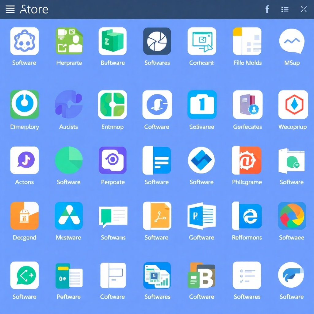 A stylized image showing a selection of software icons neatly organized in a virtual store interface, suggesting variety and availability. The image should showcase a range of software types to highlight the breadth of offerings. Use a clean design with a color scheme that reflects the company's brand.