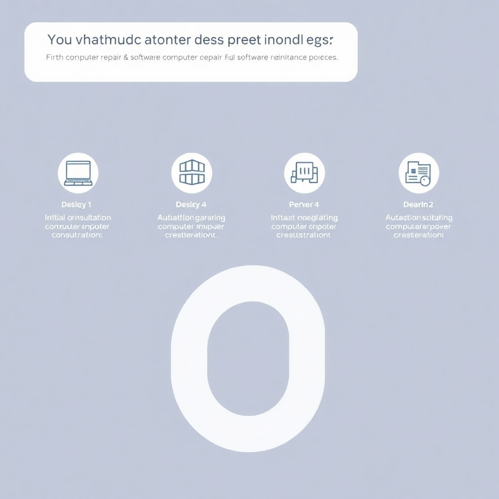 An illustration showing a streamlined workflow chart, highlighting each step of the computer repair and software development process, from initial consultation to final delivery and ongoing maintenance. The style should be clean and modern, using icons and minimal text to visually represent each stage.  The overall palette should be light and easy to read.