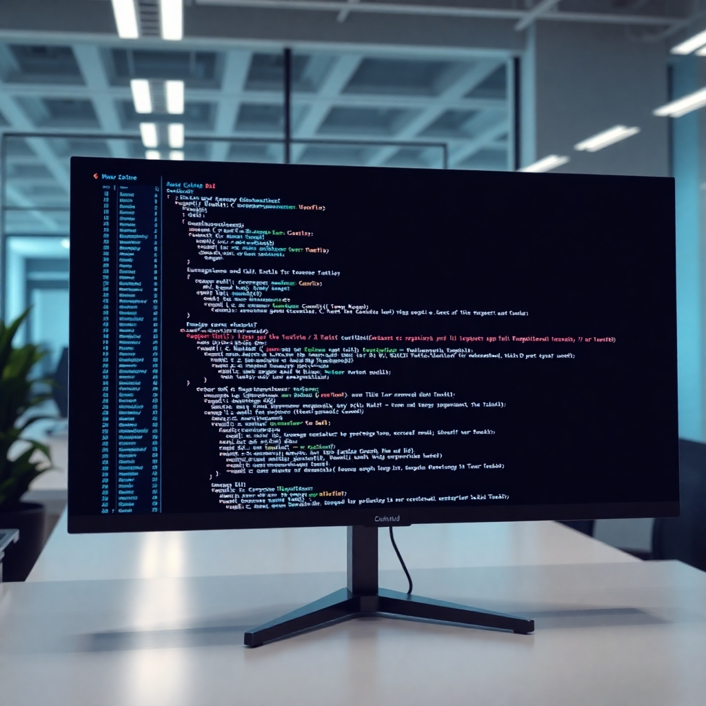 An image showing clean and functional code on a large monitor in a modern office setting, emphasizing the company's software development expertise. Show snippets of code representing different languages (WordPress, PHP, C#). The style should be sleek and modern. Focus on efficiency and clarity. The image should create a feeling of professionalism and cutting-edge technology.