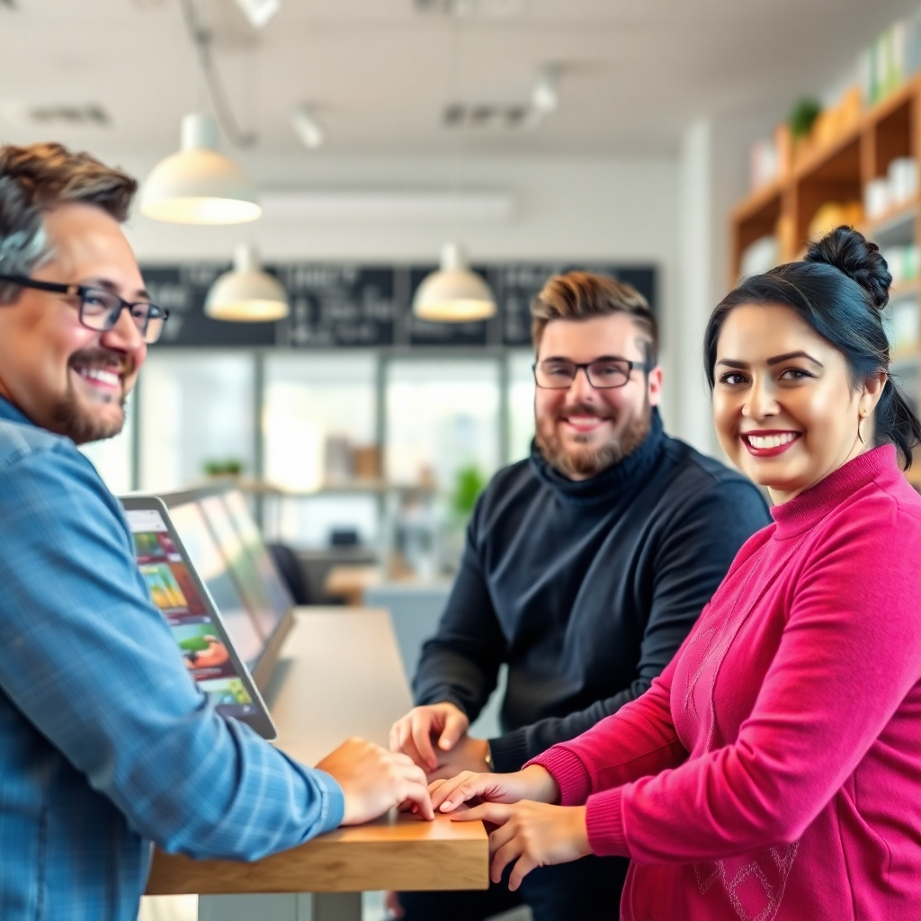 A photorealistic image focusing on customer satisfaction. High-quality 4K resolution.  Show happy customers in a clean and comfortable space, smiling at the camera and looking content. Bright, positive color palette.  The style is honest and trustworthy.