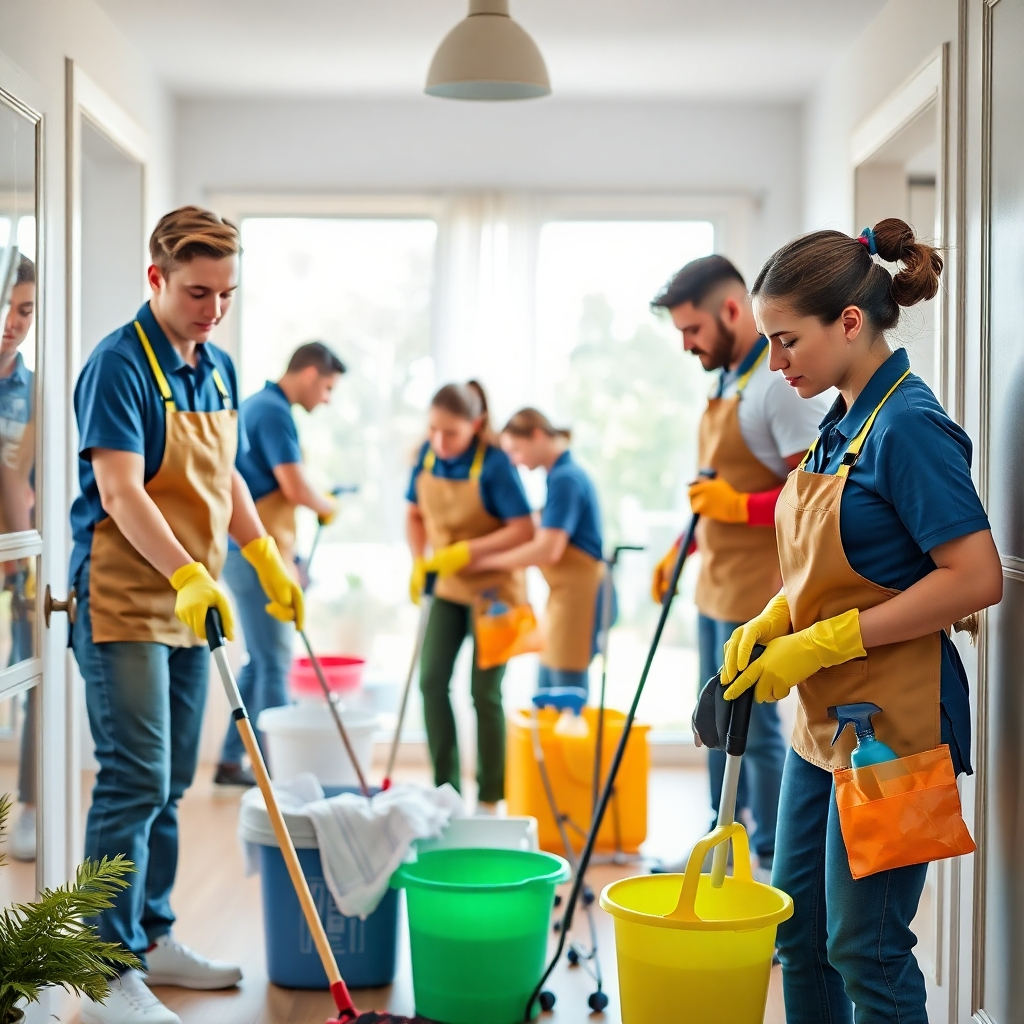A photorealistic image of a professional cleaning team working efficiently in a home.  High-quality 4K resolution. Focus should be on the team members cleaning various areas with care and expertise.  Bright, natural lighting should highlight the cleanliness and efficiency of their work. The team members should be wearing professional uniforms. The style is authentic and genuine. Relevant props could include cleaning supplies and protective gear.