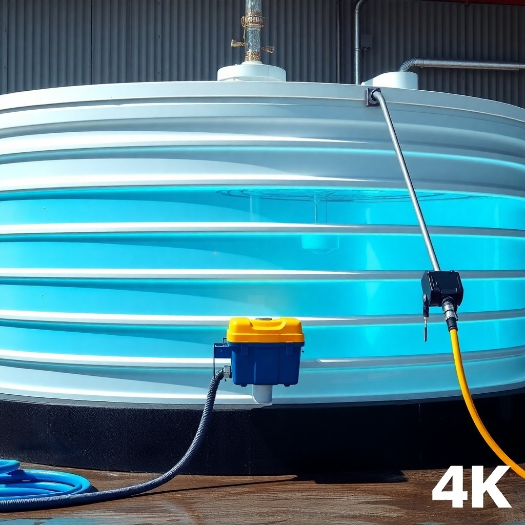 A photorealistic image of a water tank being professionally cleaned, highlighting the cleaning process and the equipment used. High-quality 4K resolution.  Focus on showcasing the efficiency and thoroughness.  Bright, clean color palette. The style is professional and informative.