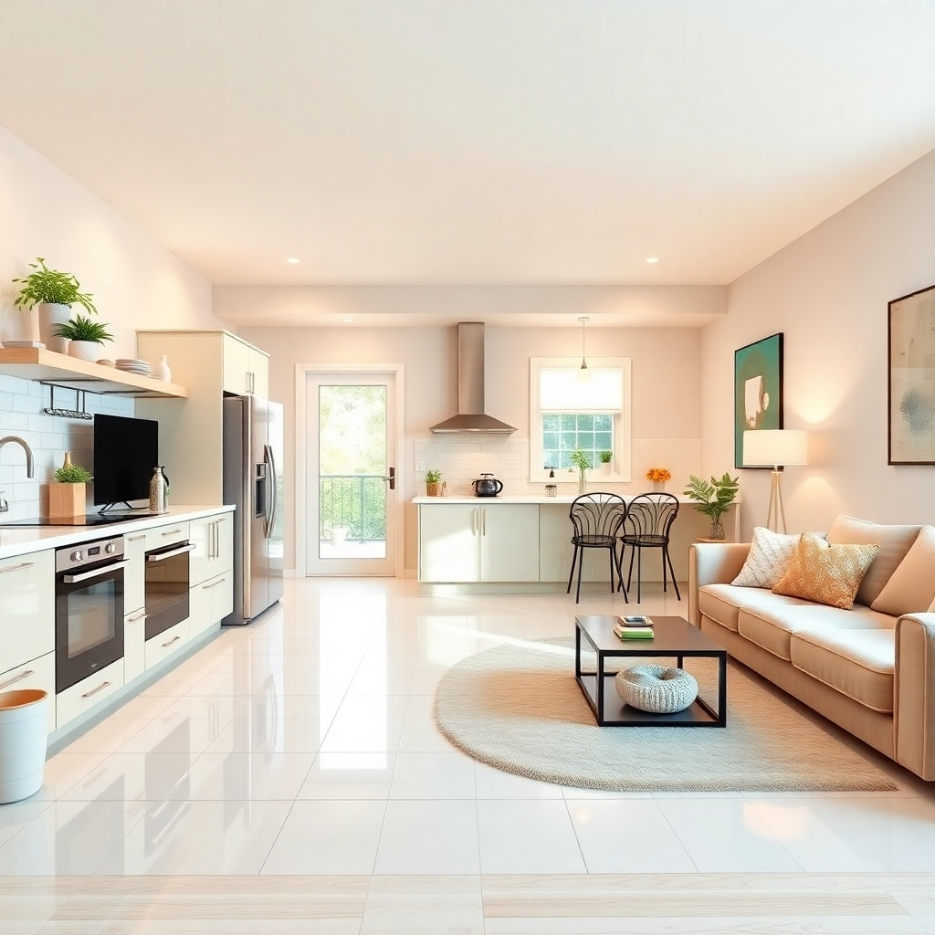 A photorealistic image showcasing a spotless kitchen or living room after a professional cleaning. High-quality 4K resolution.  The image should emphasize the cleanliness, order, and attention to detail.  Bright, inviting color palette.  The style should be warm and inviting.