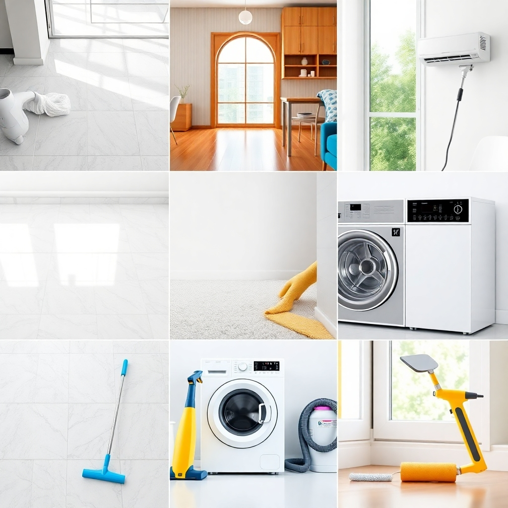 A photorealistic image showcasing various cleaning services, possibly a collage style. High-quality 4K resolution.  The collage should include images of sparkling clean surfaces (floors, carpets, windows), clean appliances (washing machine, air conditioning unit), and tools used for cleaning (vacuum cleaner, polishing tools). Bright, cheerful color palette, emphasizing cleanliness. Camera angles should vary to showcase different cleaning tasks.  The style should feel modern and reassuring, emphasizing expertise and efficiency. Relevant props could include before and after photos demonstrating the effectiveness of the cleaning process.