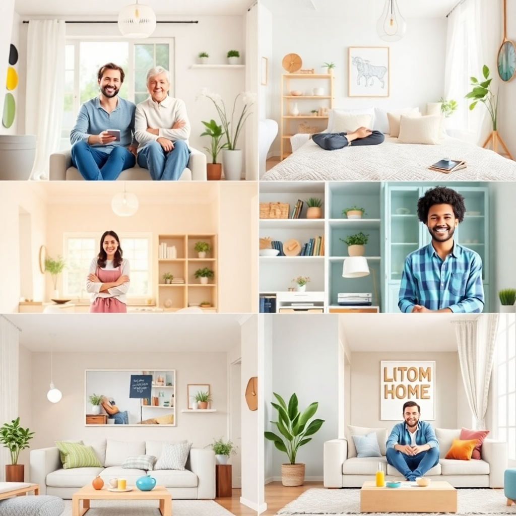 A photorealistic image showing different people in various clean and comfortable home settings. High-quality 4K resolution.  The image should create a welcoming and happy atmosphere.  Bright, pleasant color palette. The style should be inviting.