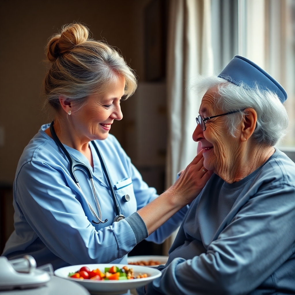 A photorealistic image portraying a nurse assisting an elderly patient with their meal or grooming. The focus should be on the comforting and caring touch of the nurse. The image should radiate kindness and tenderness, suggesting a strong human connection.