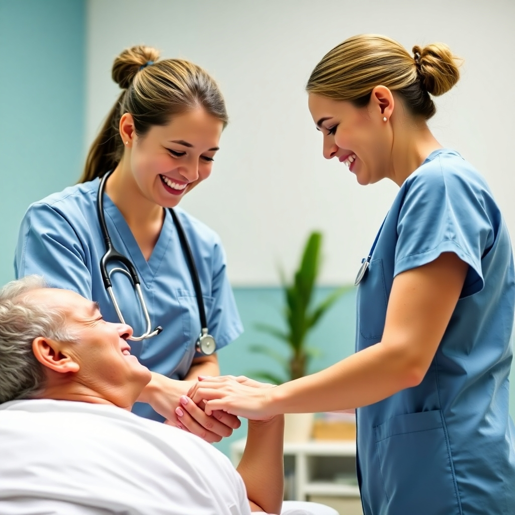 A photorealistic image showing a nurse assisting a patient with medication or physical therapy.  The nurse should be smiling and interacting with the patient in a positive way. The image should portray professionalism, kindness, and empathy.