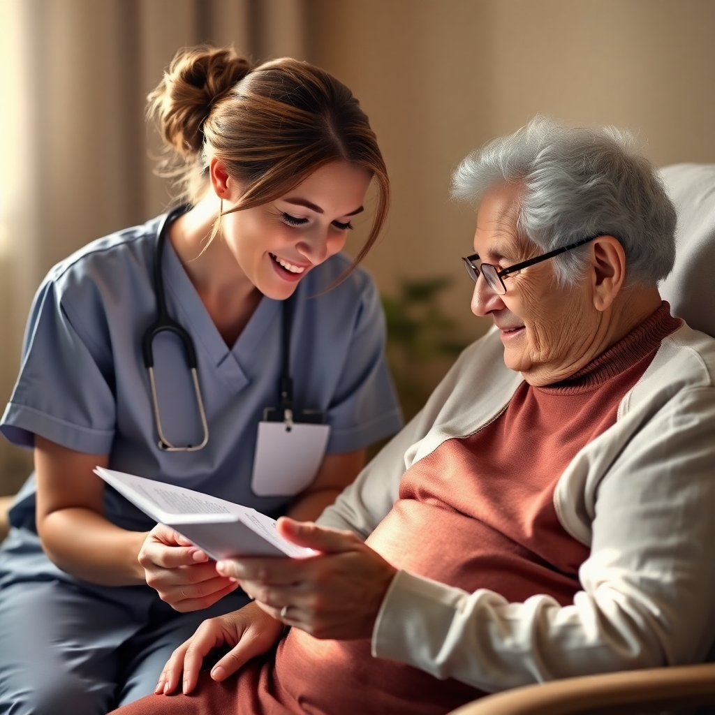 A photorealistic image showing a nurse patiently reading to an elderly patient or having a comforting conversation. The lighting is soft and warm, showing a strong human connection. The overall feeling is one of warmth, patience, and genuine human interaction.