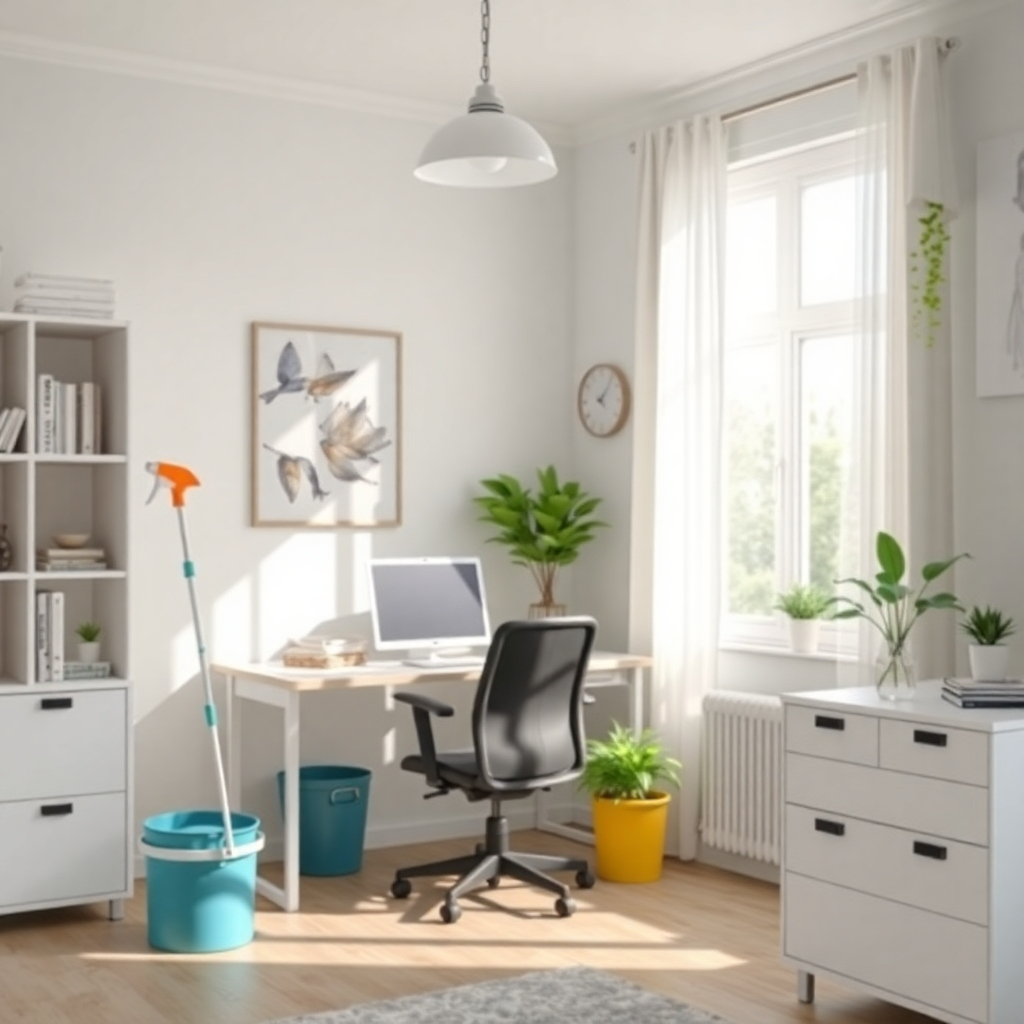 A photorealistic image of a clean and organized home or office, emphasizing the details of the cleaning service and creating a feeling of freshness and comfort. Natural lighting should be used to enhance the visual appeal.