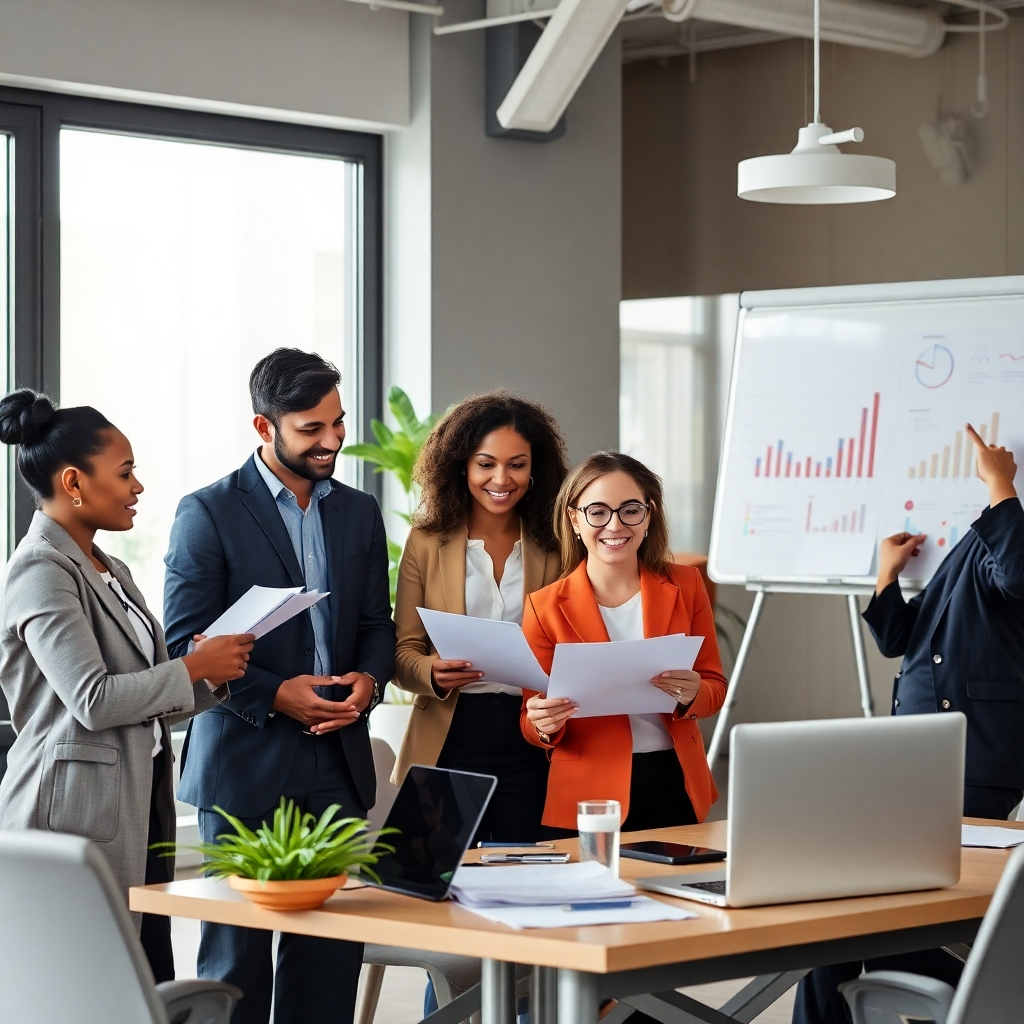 A photorealistic image of a diverse team of professionals in a modern, bright office space, collaborating on projects. The image should convey a sense of teamwork, expertise, and professionalism. Include elements such as laptops, documents, and whiteboards displaying charts and graphs. The overall mood should be energetic and optimistic.