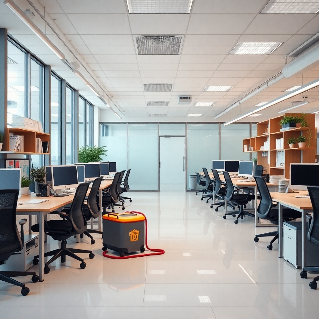 A photorealistic image of a modern, clean office space, emphasizing the efficiency and professionalism of the cleaning service.  Include elements like organized desks, spotless floors, and well-maintained equipment.