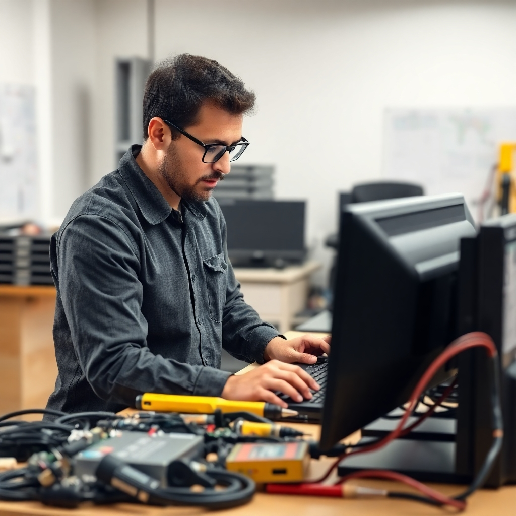 A photorealistic image of a technician working on a computer, surrounded by tools and parts, highlighting the technical expertise and professionalism of the service. The background should be a clean and organized workspace.