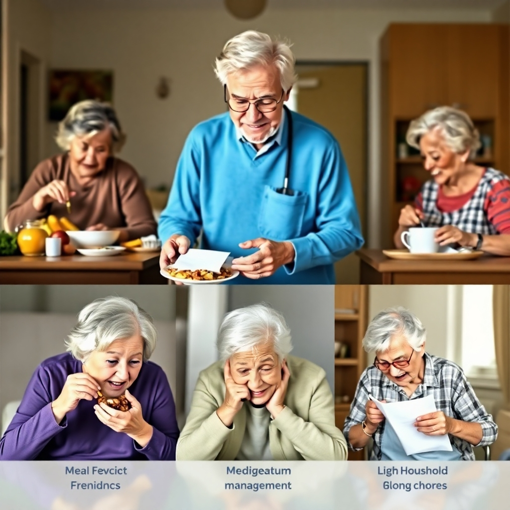A photorealistic image showcasing various aspects of daily life assistance for seniors—meal preparation, medication management, and light household chores—while emphasizing a warm and supportive environment.