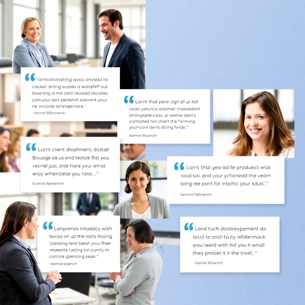 A photorealistic image showcasing several positive client testimonials, subtly integrated into a collage that also shows aspects of the services provided by each branch.