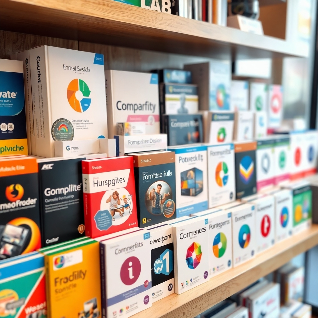 A photorealistic image showcasing a variety of software packages displayed neatly on a shelf or website, with clear labels and high-quality images. The image should focus on the diversity of the software selection.
