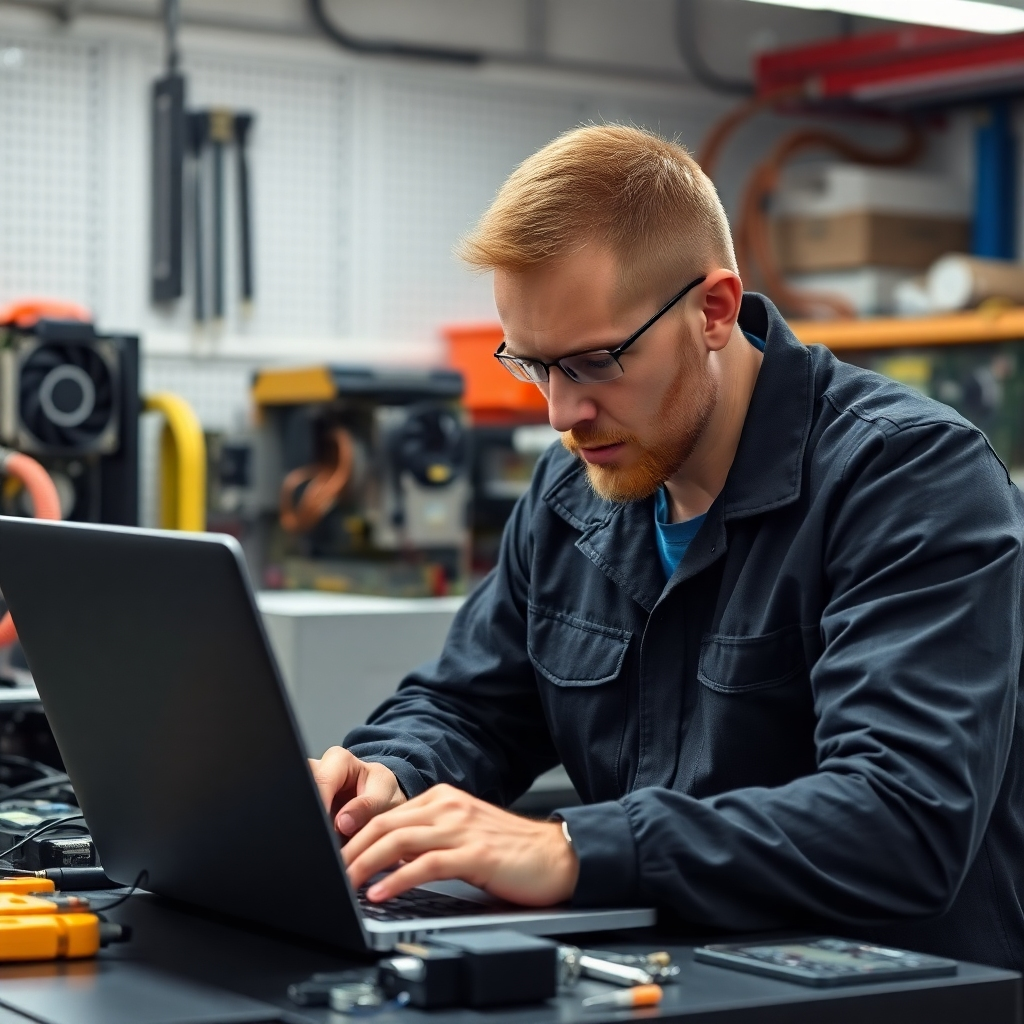 A photorealistic image showing a technician working on a laptop, with various computer parts and tools visible in the background. The image should convey a sense of expertise and meticulousness. The lighting should be bright and clear.