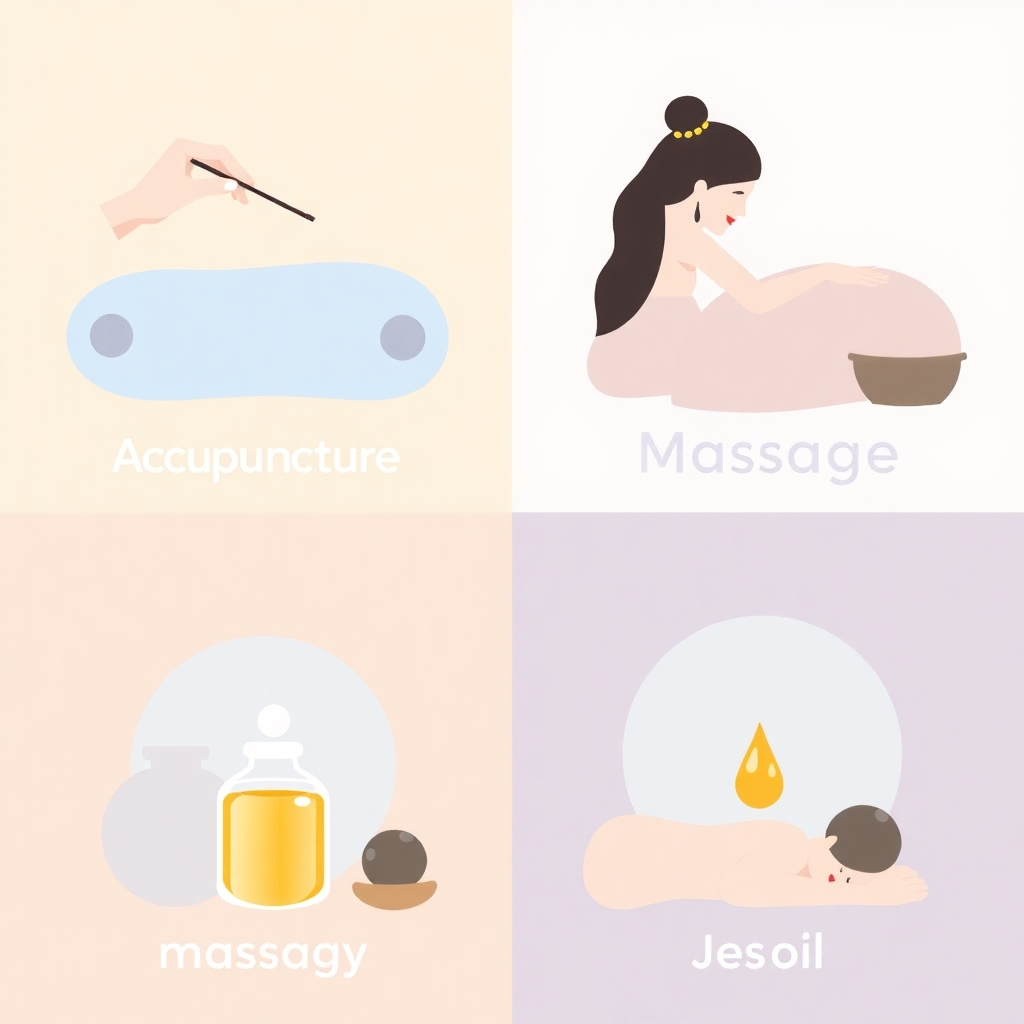 A stylized image depicting different types of massage therapies (acupuncture, aromatherapy, oil massage), using soft colors and calming visuals to convey relaxation and well-being.