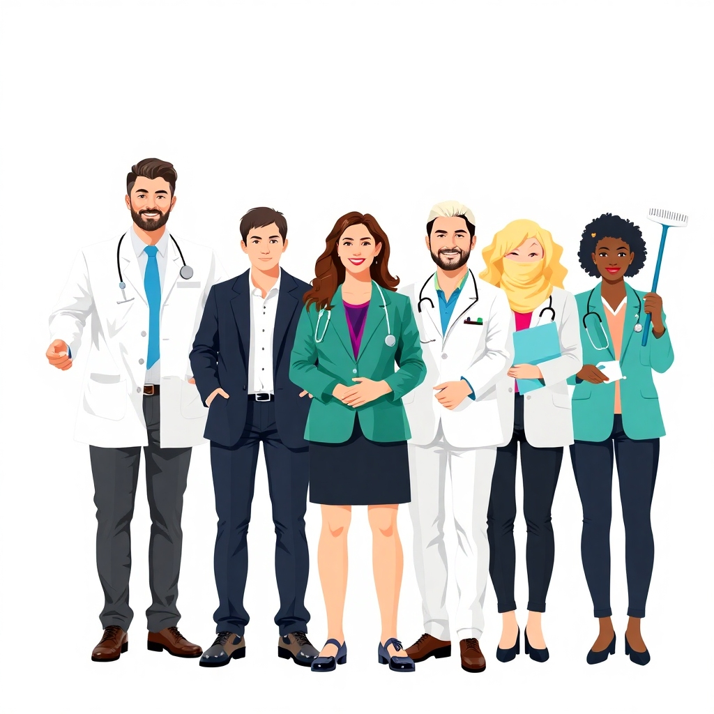 A stylized image of a group of diverse professionals, each subtly representing one of the three branches of the company (IT, Healthcare, Cleaning) through their attire and props. The image should evoke a feeling of competence and trust.