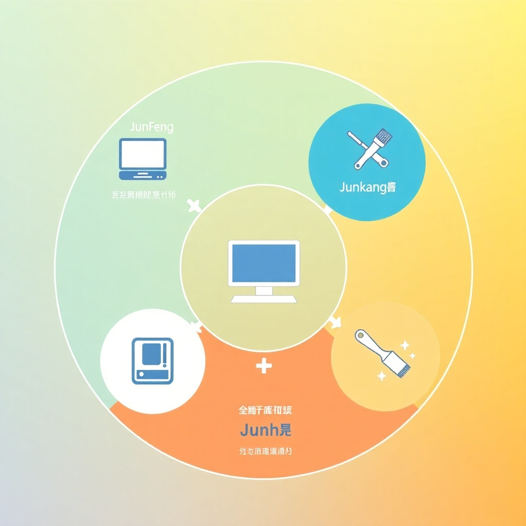 A stylized infographic showing the three branches of the company (Junfeng, Junkang, Junhe) visually connected, with each branch represented by its distinct service icon (computer, healthcare symbol, cleaning brush). The design should be modern and easy to understand.